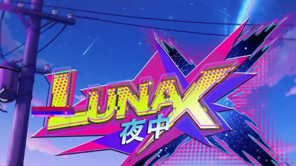 Tampilan visual slot bertema anime cyberpunk Luna X dengan elemen neon dan karakter pahlawan.