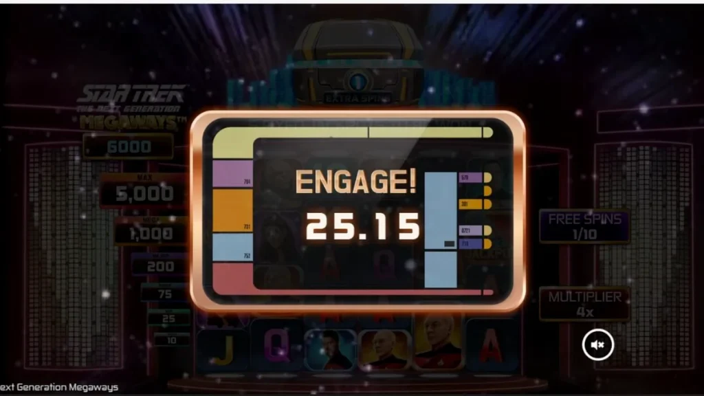 Tampilan antarmuka slot Star Trek: The Next Generation Megaways dengan latar belakang anjungan USS Enterprise