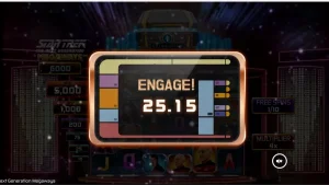 Tampilan antarmuka slot Star Trek: The Next Generation Megaways dengan latar belakang anjungan USS Enterprise