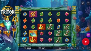 Pemandangan bawah laut yang memukau dalam slot Ancient Triton dengan simbol-simbol mitologi.